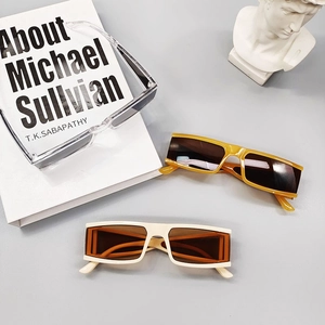 Fashionable square narrow frame sunglasses in yellow, white, and transparent colors