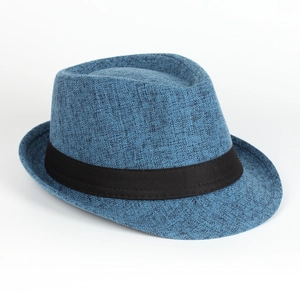 Men's blue linen fedora hat with black ribbon, vintage summer sun protection style
