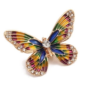 Elegant gold butterfly brooch with multicolor enamel wings and sparkling crystal rhinestones