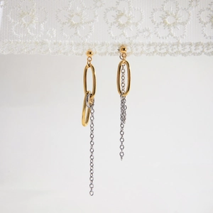 Modern minimalist asymmetric long drop earrings with gold and silver chain tassels