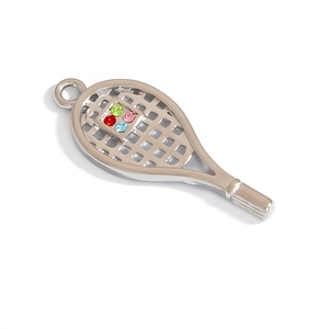 Polished stainless steel tennis racket pendant with colorful gemstone accents on white background