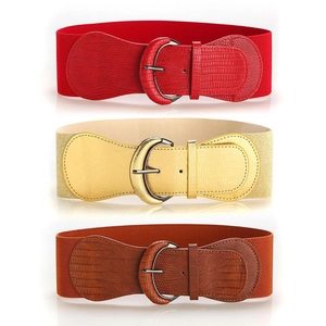 Elastic wide belts for dresses in red brown and gold with faux crocodile texture