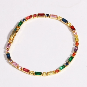 Women Fashion Bracelet Colorful Rainbow Zircon Baguette Cut Copper Gold Plated Luxury Tennis Jewelry Gift