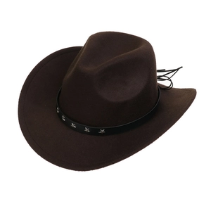 Detail of a brown western cowboy hat with black leather band and star rivets