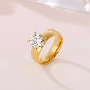 Bague large en acier inoxydable doré avec un zircon carré scintillant de style coréen