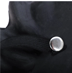 Detail view of the silver rivets and elastic headband connection on the black dragon mask