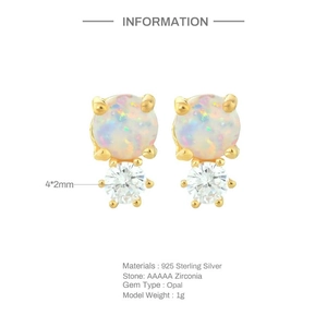 S925 Sterling Silver Gold Opal Stud Earrings with AAAAA Zirconia Inlay for Women