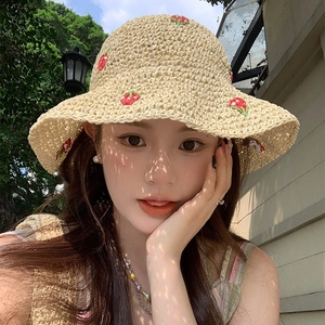 Women's summer straw hat with handmade strawberry embroidery and wide sun protection brim