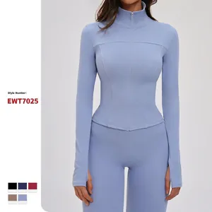 Damen Schlanke Yoga Jacke Stehkragen Langarm Reißverschluss Laufen Training Sportbekleidung Gebürstetes Sport Top