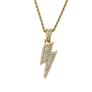 Iced out lightning bolt pendant necklace in gold with sparkling crystals on rope chain