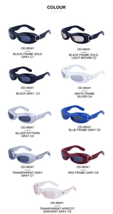 Matrix display of Y2K oval sunglasses OD-98041 in various colors with metal buckle details