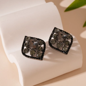 Dark style rhombus leaf earrings with smoky grey gemstones and gunmetal plating