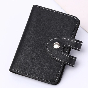 Black PU leather card holder with multi-card slots, metal snap button and white stitching