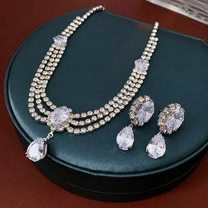Luxury waterdrop zircon jewelry set with triple layer necklace and drop earrings