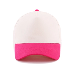 Front view of a two-tone 5-panel cotton baseball cap in white and rose pink