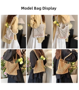 Detailed views of handmade hollow woven tote bag with fringe in warm cream and beige colors