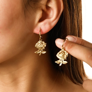 Rose Flower Dangle Earrings Stainless Steel Gold Plated Minimalist 3D Floral Hook Ear Jewelry For Women