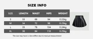 Size chart for high waisted black PU leather pleated skirt with measurements in centimeters