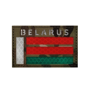 Detail of Belarus tactical patch with IR reflective lettering and camouflage texture