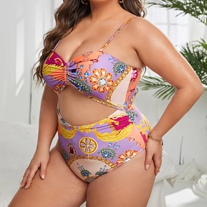 Floral gemstone print plus size monokini with cut-out waist design on female model