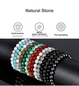 Close-up of 8mm natural stone beaded bracelets showing polished textures and mineral details