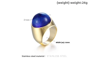 Chunky stainless steel gold ring featuring a 21mm blue foil glass stone detail