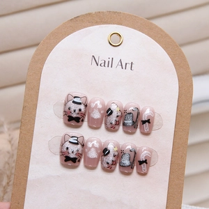 Handmade Press On Nails Pink Glitter Cute Cartoon Cat Pattern Bow Detachable False Nails Women Nail Art