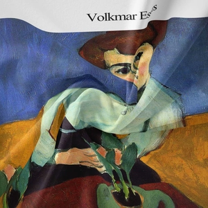 Detailed close-up of lightweight artistic tapestry fabric with Volkmar Essers oil painting