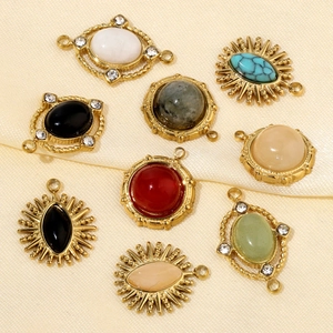 Retro stainless steel oval stone pendants collection with gold plating and zircons