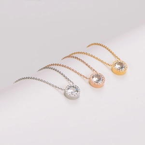 Round Halo Pendant Necklace 18K Gold Plated Stainless Steel Zircon Crystal Dainty O-Chain For Women Sweet Princess Style