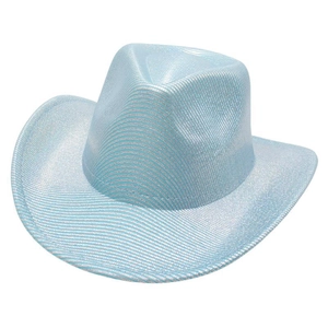 Light blue glitter jazz fedora cowboy hat with metallic tinsel on a white background