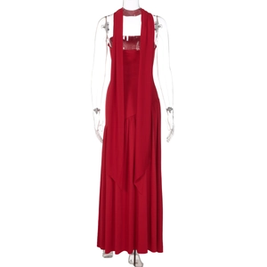 Elegant red backless maxi dress featuring a chic neck tie and long flowing streamers