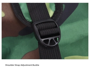 Detail of adjustable shoulder strap buckle and camouflage nylon fabric on outdoor bag
