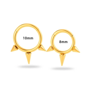 Golden G23 titanium punk clicker earrings with triple cone spikes in 8mm and 10mm sizes