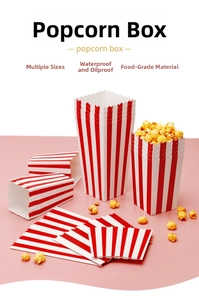 Waterproof red and white striped popcorn boxes in various sizes with food-grade coating