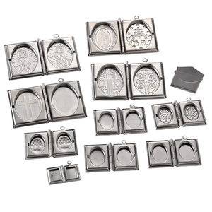 Detailed collection of 316L stainless steel book-style locket pendants with religious icons