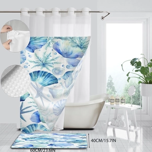 Detail view of marine shell shower curtain and bath mat set with size dimensions