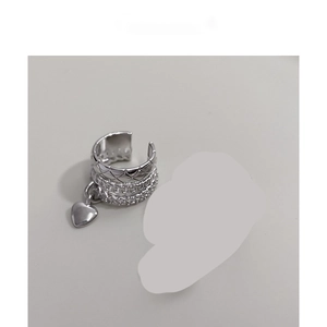 Three-layer silver ear cuff with zircon accents and a hanging heart pendant for women