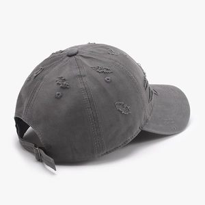 Dark gray distressed baseball cap with vintage washed cotton fabric and adjustable strap