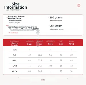 Size chart for women's yoga short sleeve top including fabric composition and measurements