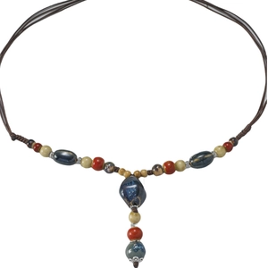 Ethnic bohemian handmade woven long ceramic sweater necklace with blue and red beads