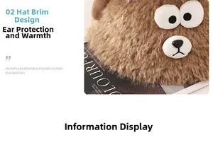 Detail of cute brown plush hat with thick faux rabbit fur and large cartoon eyes