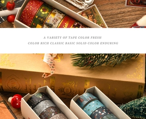 Detailed view of Christmas washi tape set with gold foil patterns in festive packaging