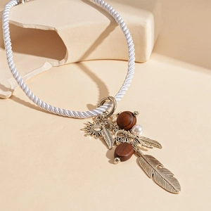 Bohemian Ethnic Feather Pendant Necklace With Imitation Artificial Pearl And Wood Beads Retro White Woven Rope For Women