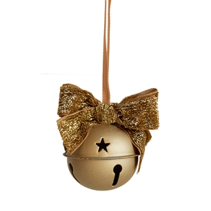 Golden Christmas bell ornament with glitter bow and star cutouts on a silk ribbon hanger