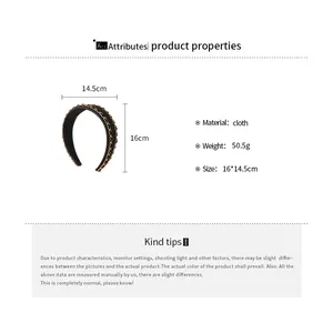 Detailed size chart for black fabric headband with gold chain and dimensions