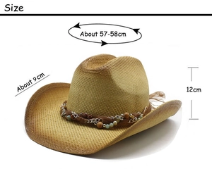Detailed size guide of straw cowboy hat showing brim, crown height and circumference