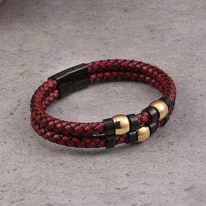 Double-layer red and black leather braided bracelet with gold beads and black clasp