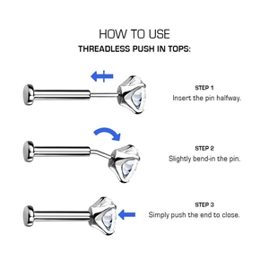 Three-step diagram showing how to use and install threadless push-in jewelry