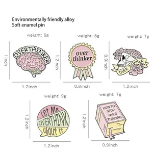 Set of five pink enamel Overthinker lapel pins featuring skull and floral alloy badges